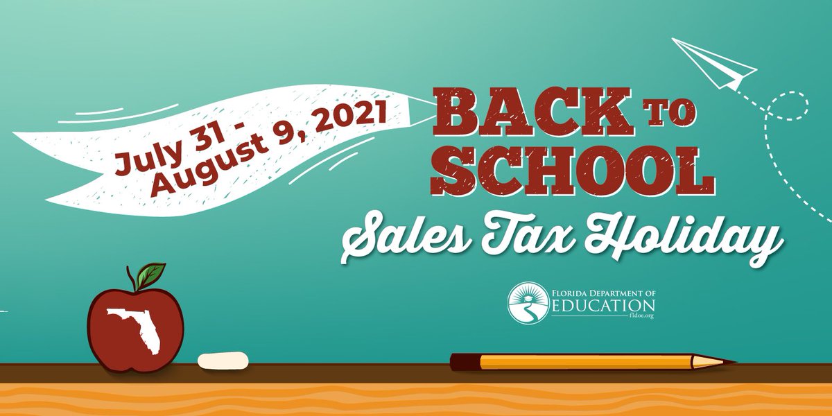 Florida Department of Education (@educationfl) on Twitter photo Floridians can save money on school supplies and clothing during the #BacktoSchool2021 Sales Tax Holiday! It kicks off tomorrow, July 31 and lasts through Aug 9! More info: bit.ly/3xjn54d <a href="/FloridaRevenue/">Florida Department of Revenue</a> Floridians can save money on school supplies and clothing during the #BacktoSchool2021 Sales Tax Holiday! It kicks off tomorrow, July 31 and lasts through Aug 9! More info: bit.ly/3xjn54d <a href="/FloridaRevenue/">Florida Department of Revenue</a>
