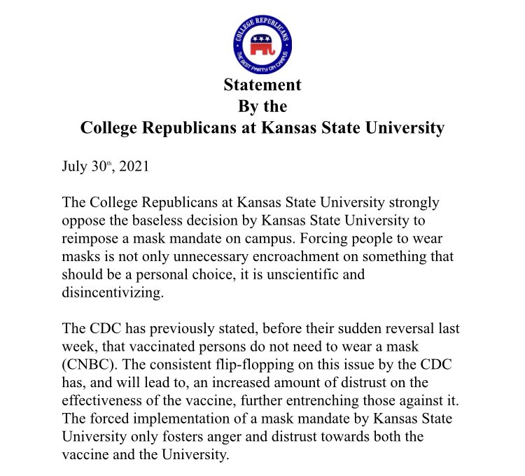 crsatksu's tweet photo. Statement by us concerning the recent mask mandate imposed at Kansas State University: https://t.co/REJZfk1knw