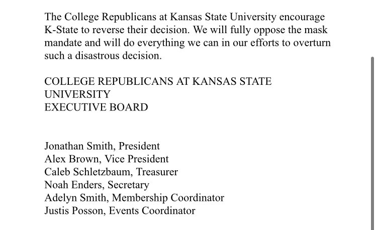 crsatksu's tweet photo. Statement by us concerning the recent mask mandate imposed at Kansas State University: https://t.co/REJZfk1knw