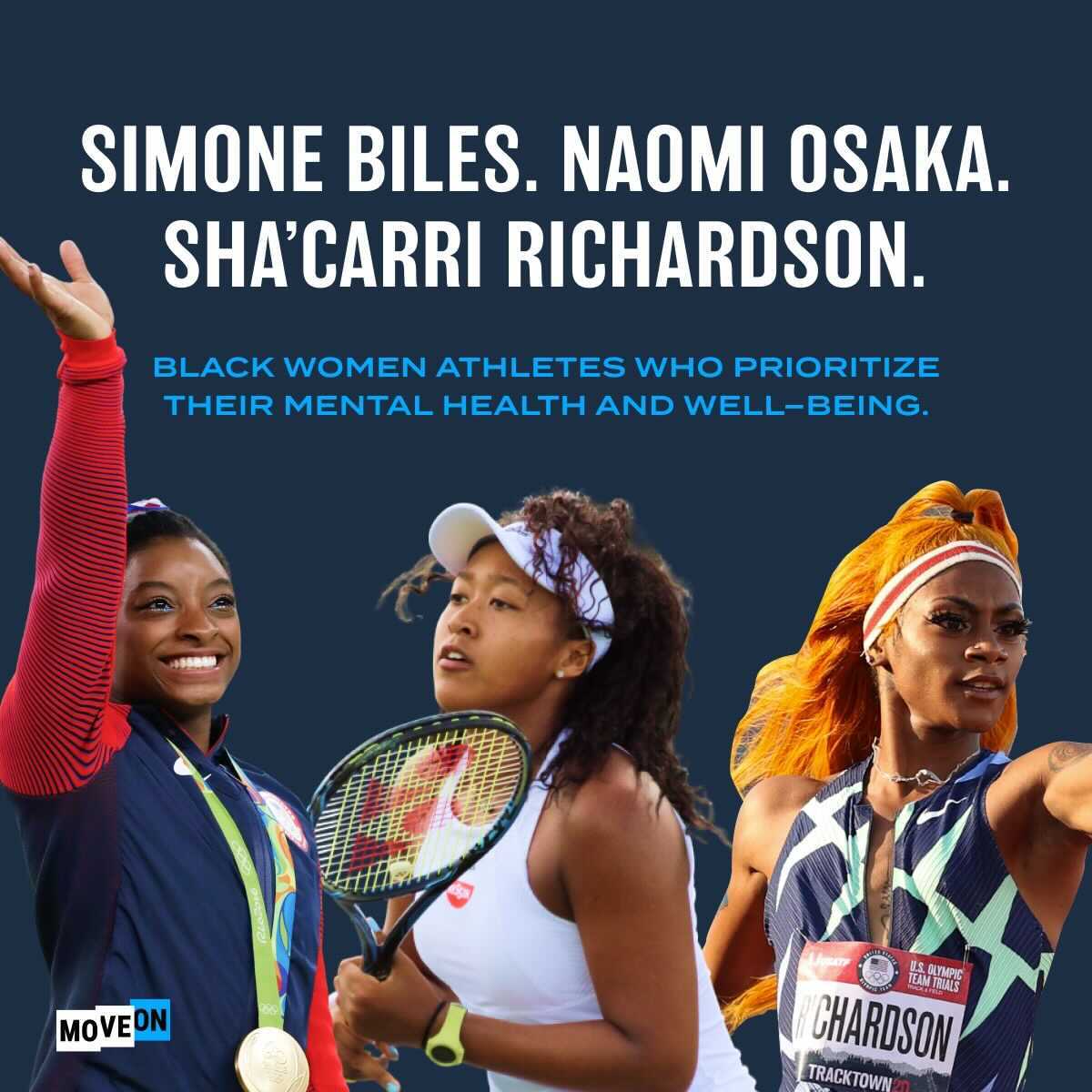 MoveOn's tweet photo. Black women athletes who prioritize their mental health and well being should be celebrated @naomiosaka @itskerrii @simone_biles https://t.co/agW85j8r8o