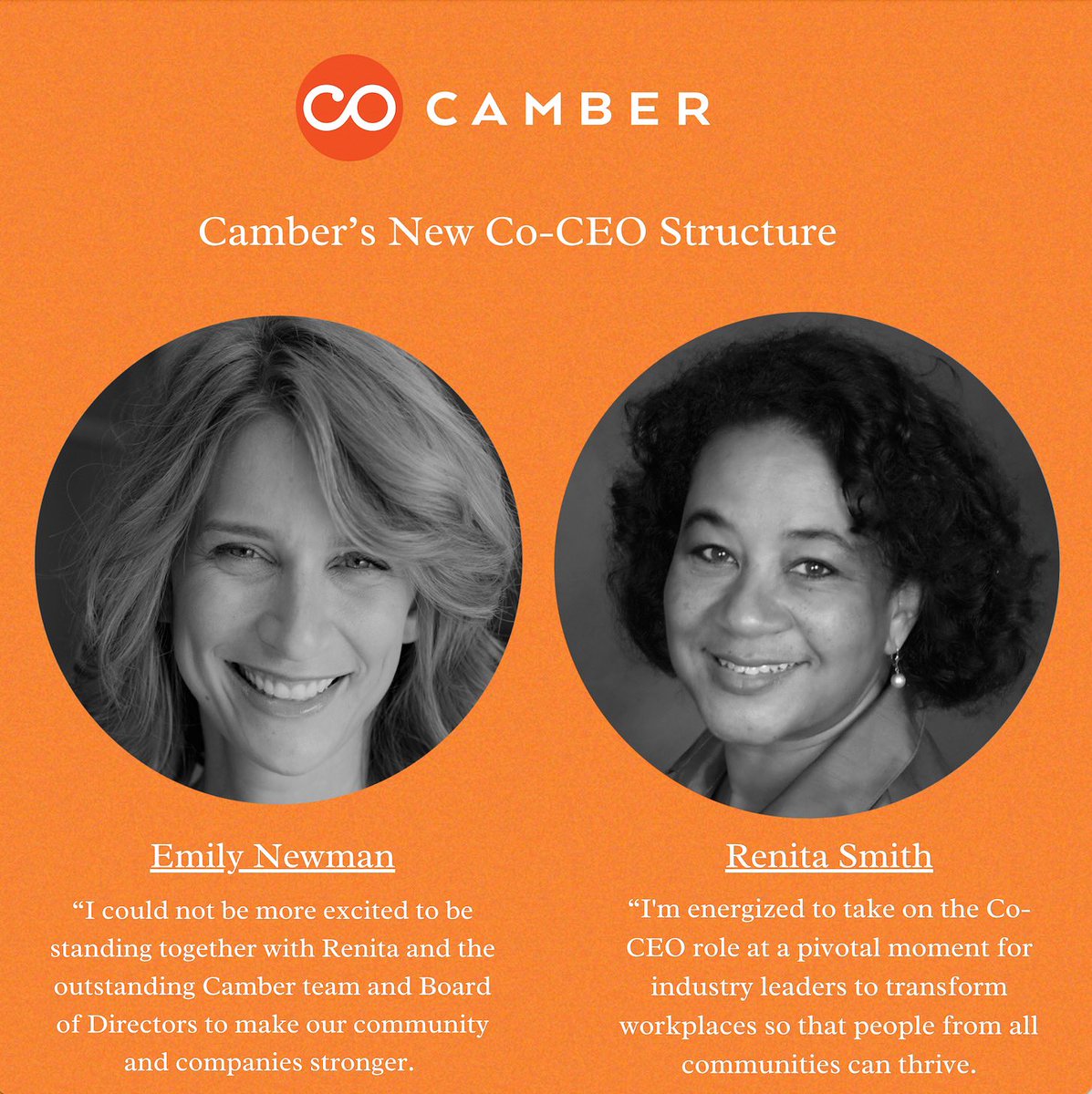 The board of directors of #Camber announced today that they have named Renita Smith Co-CEO; she joins Emily Newman at the helm of the organization. 

Together, they’ll lead growth of the outdoor industry focused on collaboration and leadership of DEI workplace systems-change.