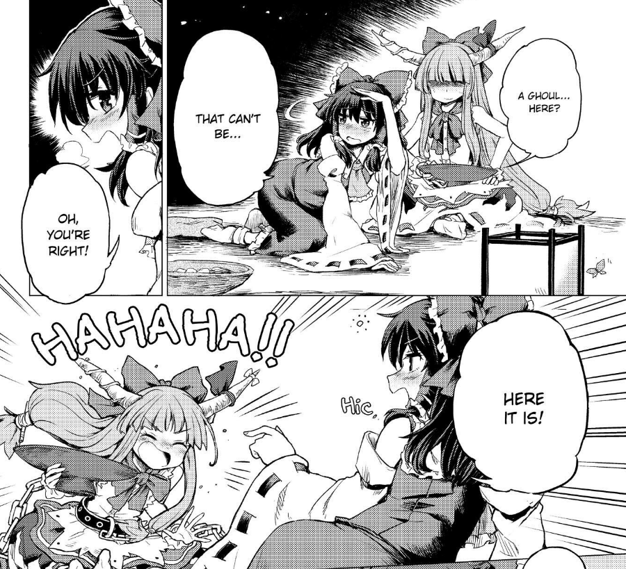 reimu being drunk enough to identify suika as a "ghoul" actually makes a lot more sense. added by the fact that suika is laughing her shit off 
