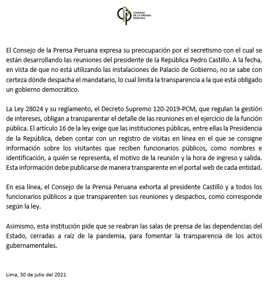 ConsejodePrensa's tweet photo. El Consejo de la Prensa Peruana pide que se transparenten las reuniones del presidente @PedroCastilloTe, como exige la ley.

Aquí el comunicado completo:
https://t.co/fUu6OrDjTa https://t.co/7mSyPq6HA0