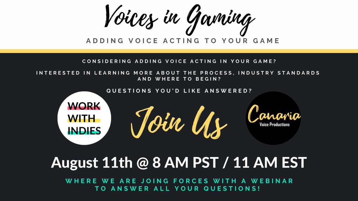 Work With Indies ❤️💛💚 (@workwithindies) on Twitter photo Join us and <a href="/CanariaVoice/">Canaria Productions</a> on August 11th for Voices in Gaming - a webinar on how to add voice acting to your game 🎤
Come prepared with questions about the process, industry standards, where to get started, and any others you have!
Where? Our Discord ~ discord.gg/workwithindies Join us and <a href="/CanariaVoice/">Canaria Productions</a> on August 11th for Voices in Gaming - a webinar on how to add voice acting to your game 🎤
Come prepared with questions about the process, industry standards, where to get started, and any others you have!
Where? Our Discord ~ discord.gg/workwithindies