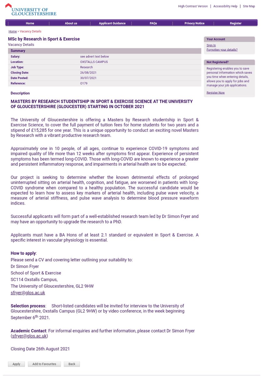 Dr Simon Fryer 🇺🇦 (@drsifryer) on Twitter photo Great opportunity for a funded MSc by Research (inc.£15k stipend) with me <a href="/uniofglos/">University of Gloucestershire</a>. Looking at prolonged sitting, vascular health & mental fatigue in patients with long-COVID. Potential for progression to PhD after. #AcademicTwitter #COVID19 #research jobs.glos.ac.uk/wrl/pages/vaca… Great opportunity for a funded MSc by Research (inc.£15k stipend) with me <a href="/uniofglos/">University of Gloucestershire</a>. Looking at prolonged sitting, vascular health & mental fatigue in patients with long-COVID. Potential for progression to PhD after. #AcademicTwitter #COVID19 #research jobs.glos.ac.uk/wrl/pages/vaca…