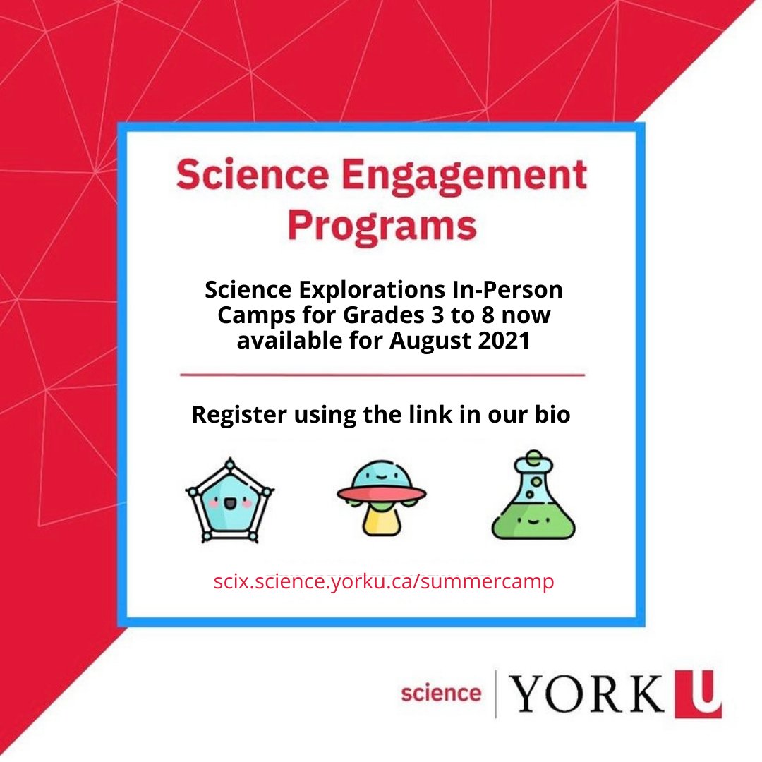 We're so excited to announce that we are offering in-person Science Exploration camps for Grades 3 to 8 from August 9 to 27, 2021!

Space is limited due to reduced capacity so register now to save your spot!

Register now at: science-explorations.info.yorku.ca/summercamp/