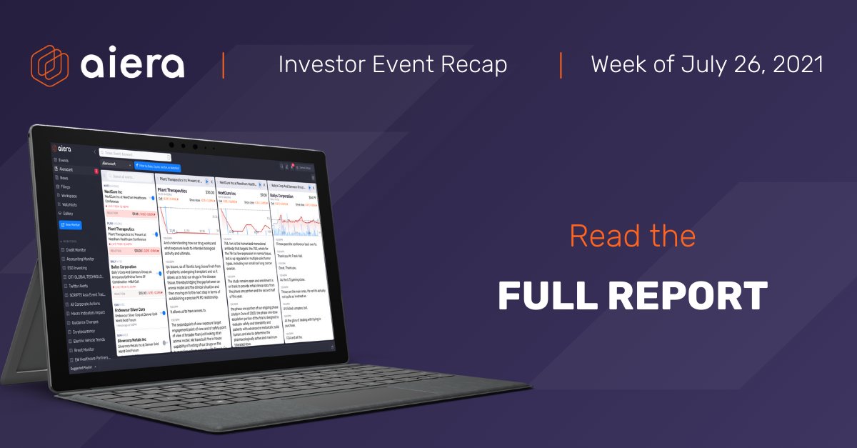 Aiera's tweet photo. REPORT: Aiera Q2 Recap | Week of July 26, 2021

Read the full report to see direct excerpts from global exec teams as they address the most prominent topics this week.

Read here: https://t.co/ncLmyIq41i

[3/3] https://t.co/3j1LAPSXy9