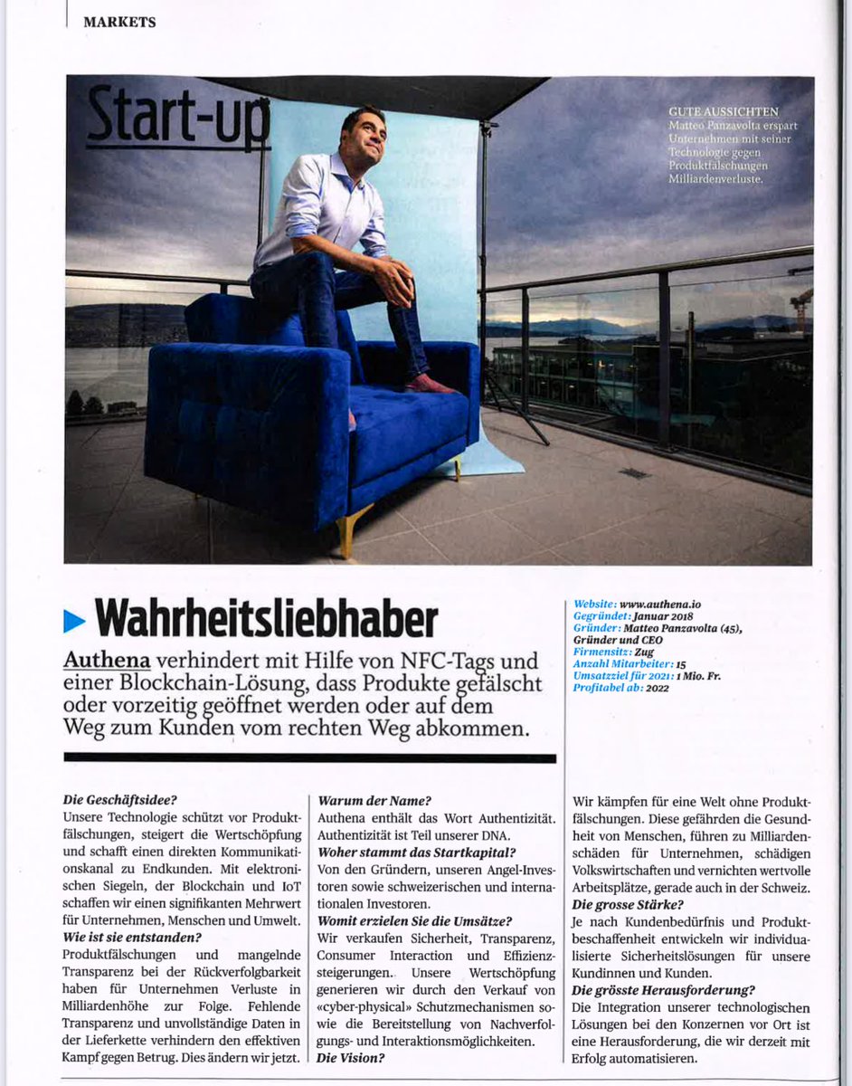 MatPanzavolta's tweet photo. Happy to be featured in @BILANZ and talking our wonderful team of @AuthenaAG  #innovation #digitaltraceability #radicaltransparency #protectauthenticity #swiss #blockchain https://t.co/tDxMvhYbly