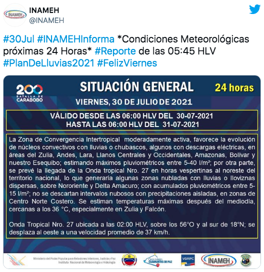 flaconoticias's tweet photo. El Instituto Nacional de Meteorología e Hidrología (Inameh) informó que para este viernes se espera la llegada de la onda tropical número 27, lo que generaría lluvias en algunas zonas del país. https://t.co/bfpcvA6EXG
