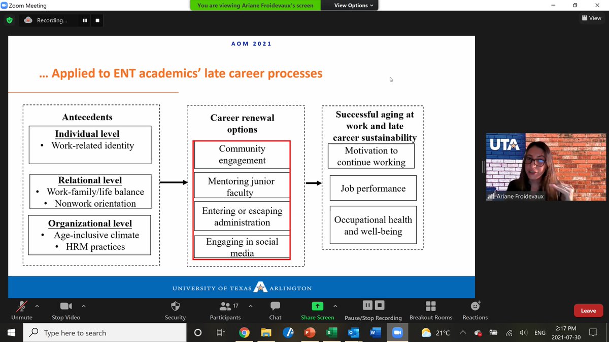 ENT_Div_AoM's tweet photo. #ENTDivision 2021 Late Career Consortium underway! Ariane Froidevaux shared her research/ insights on career renewal options. May be applicable to those in early-mid career as well (community engagement, mentoring, leveraging social media, etc.)!! https://t.co/hmI17Tx2vM