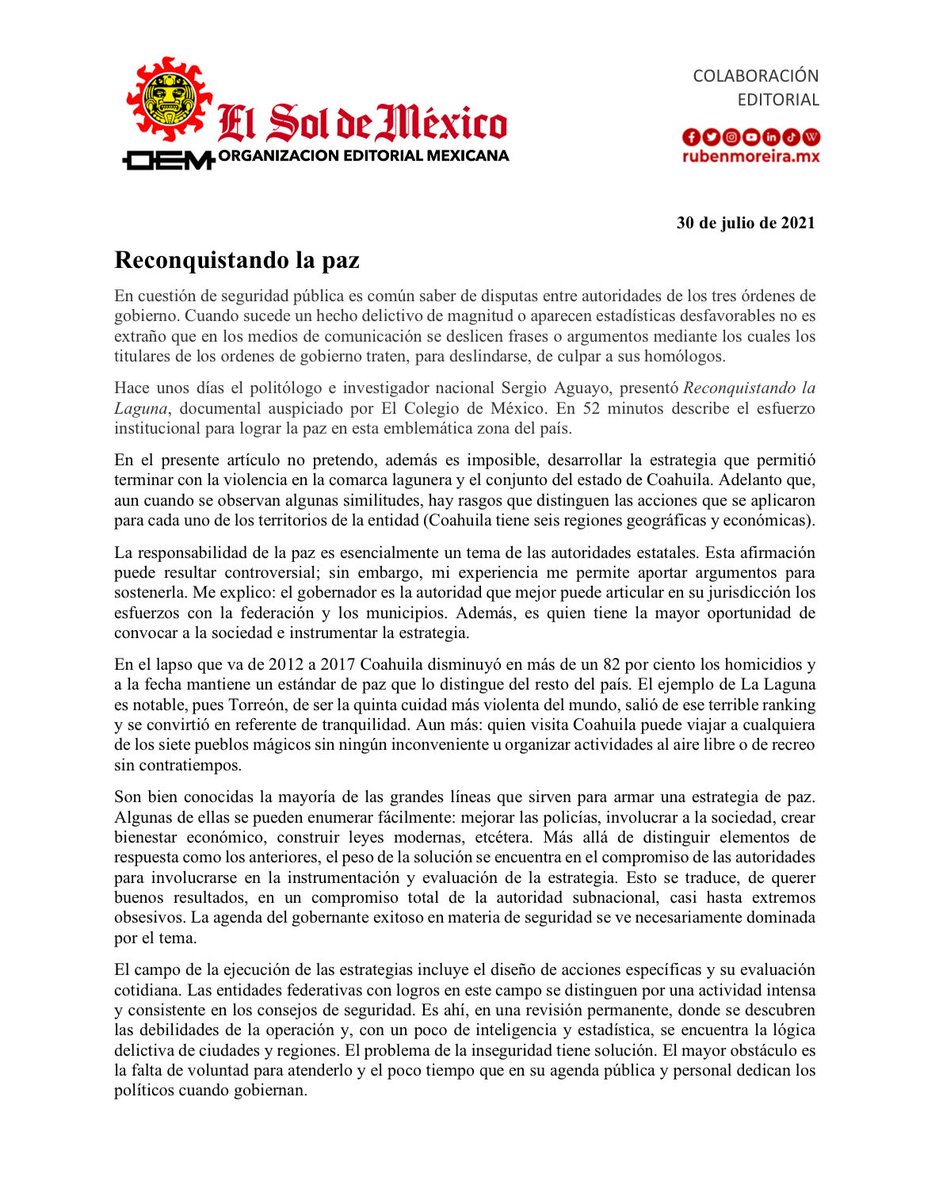 rubenmoreiravdz's tweet photo. Reconquistando la paz. Les dejo un artículo que me pública @elsolde_mexico y la cadena más importante de medios en el país. En el texto comento sobre la inseguridad y la posibilidad de recuperar la tranquilidad. https://t.co/OCeB1CNLno https://t.co/E1WGhWSGq5
