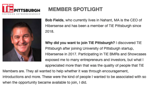 TiE Pittsburgh spotlights Hibersense CEO Bob Fields. Check out why we enjoy our TiE membership and encourage you to join your local chapter as well. 
ow.ly/8XZi50FHnnj