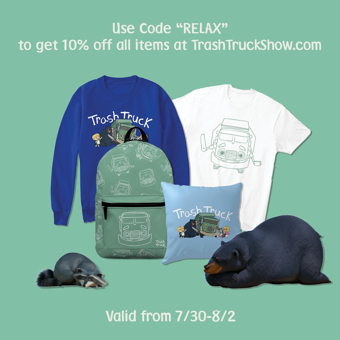To celebrate the start of a relaxing weekend from now through August 2nd you can get 10% off your purchase when you use the code "RELAX" ☀️😎TrashTruckShow.com!

#TrashTruck #TrashTruckNetflix