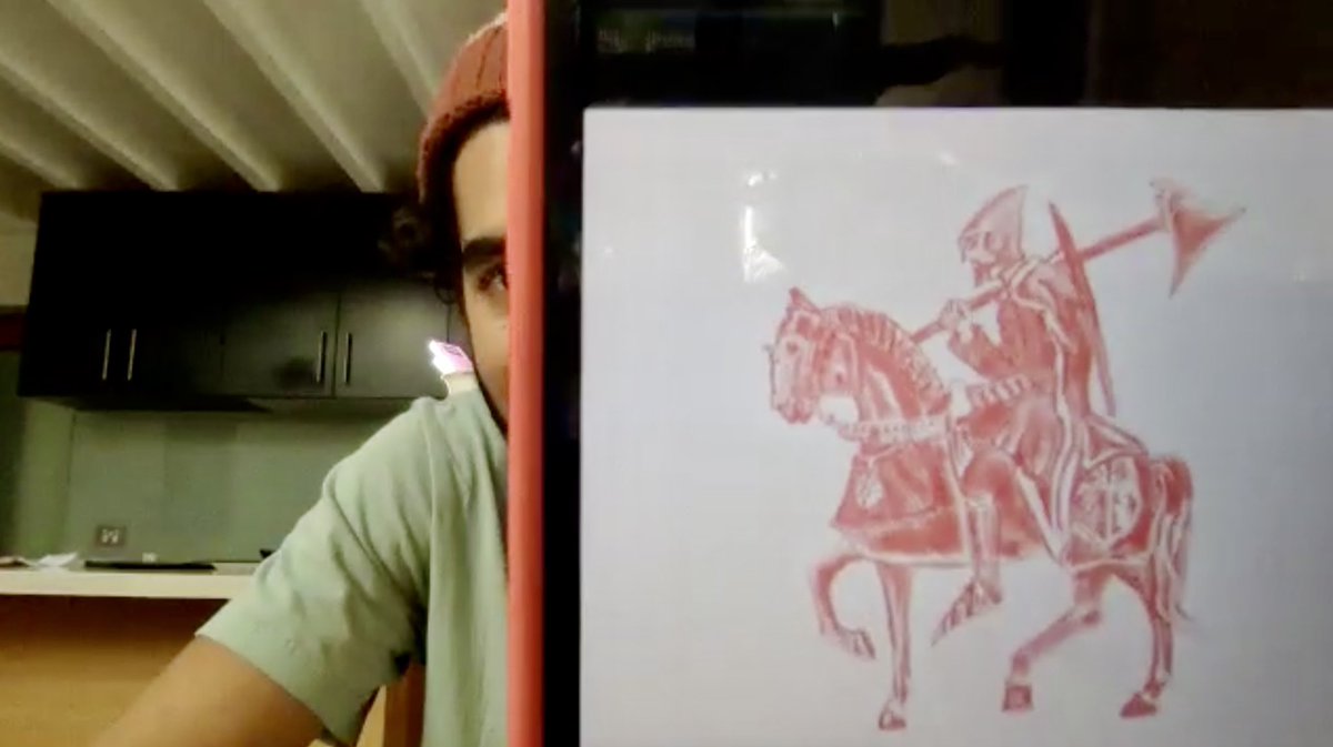 kylebuchanan's tweet photo. When THE GREEN KNIGHT director David Lowery met Dev Patel, Lowery was so taken with him that he immediately drew a picture of the actor on horseback. Dev showed it to me during one of our Zooms. https://t.co/X4qGCOqohQ
