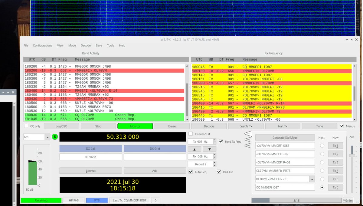 Very Sporadic-E's tonight. Just worked OL70VM, but annoyingly had to look up his grid. JO60VR, Czech Replubic. #ft8 #6mband #magicband #hamr