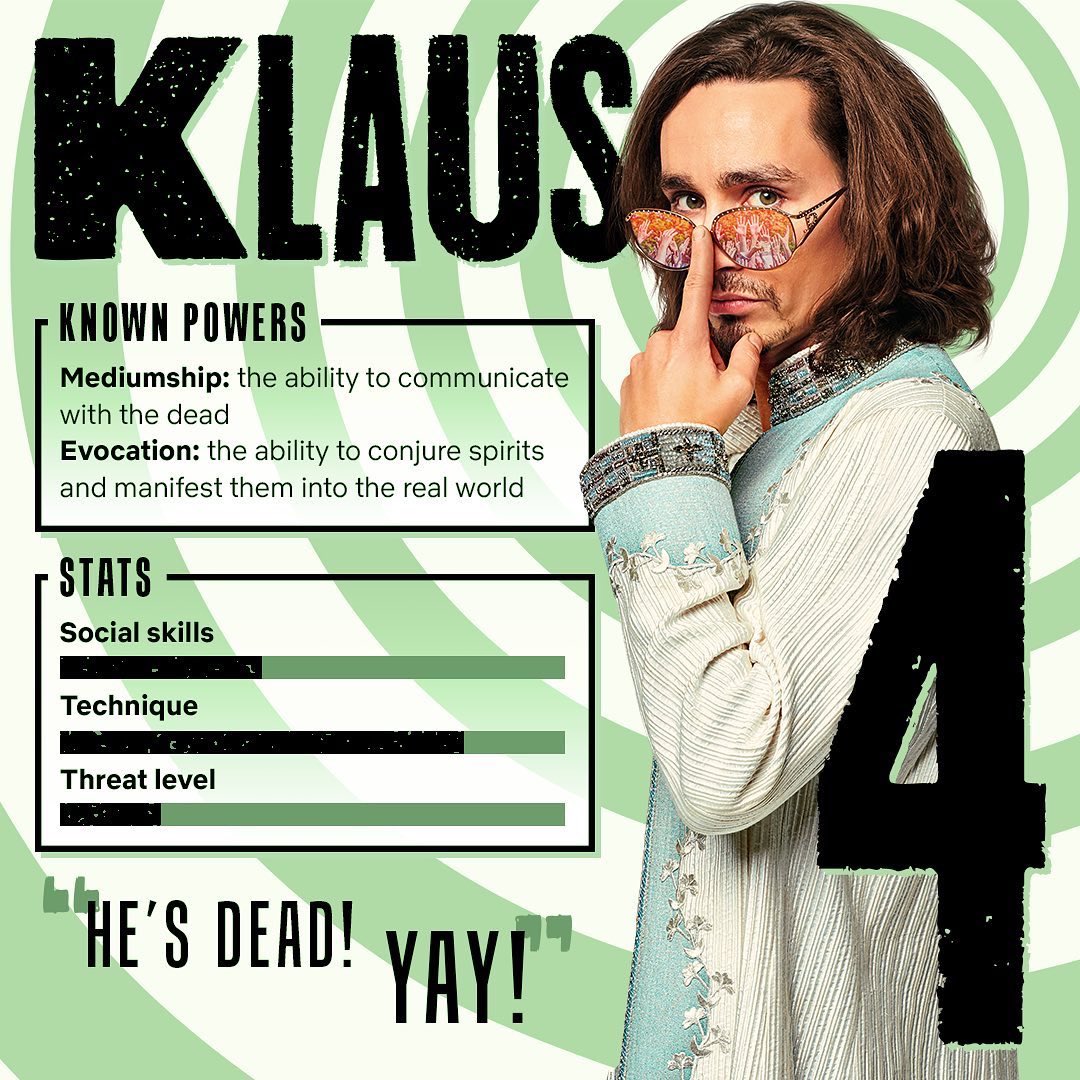 TheSheehab's tweet photo. When Netflix U.K. did a summary of each of The Hargreeves’ ‘powers’ the day before S2 of The Umbrella Academy released and Ben got a N/A for all his stats. Pics of Robert Sheehan as Klaus and Justin Min as Ben © Netflix U.K. the rest of the fam are here https://t.co/fYL3ZZ9wEh https://t.co/P710i31NWB