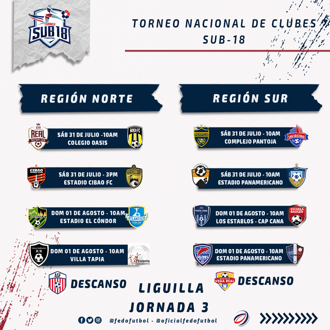 #Sub18| Partidos de este sábado en la tercera jornada de la liguilla del Torneo Nacional de Clubes 📃⚽

✅Real Dvo vs <a href="/mocafcc/">MOCAFC</a> 
✅<a href="/CibaoFC/">Cibao Fútbol Club</a> vs Club 6 de febrero
✅<a href="/atleticopantoja/">Club Atlético Pantoja</a> vs <a href="/AtleticoSanCri/">Atlético San Cristóbal</a> 
✅<a href="/atleticobani/">Club Atlético Bani</a>  vs <a href="/oym_fcrd/">oymfcrd</a> 

#Fedofutbol
