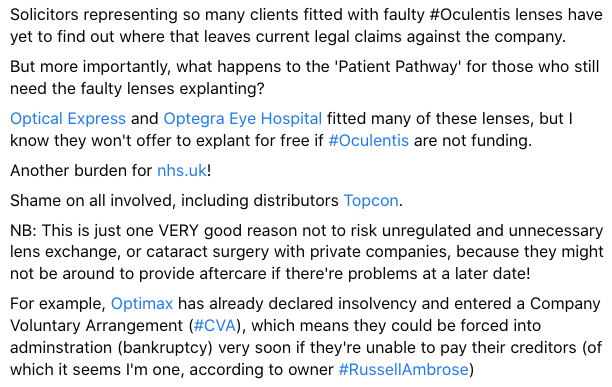 OERMLuk's tweet photo. As I predicted when they started trading as #Teleon in 2020 #Oculentis have declared bankruptcy*😎
https://t.co/ZZ2hywx5fZ
*Details posted 27 August 2020: https://t.co/IqxhzAdUyR
#Blindedonthehighstreet @johnmcdonnellMP @GBNEWS #Optegra #OptimaxUK #Ultralase #OpticalExpress https://t.co/SYLw5Byg7b