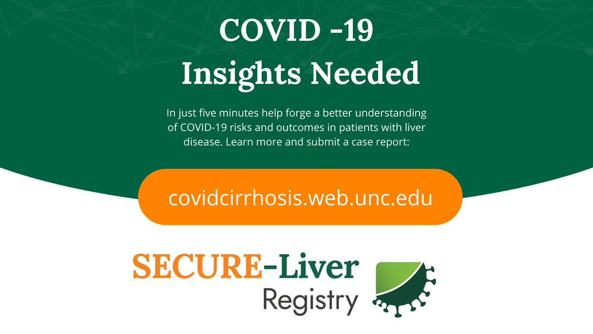 <a href="/SECURELiver/">SECURE-Liver</a> Registry seeks case report submissions on lab-confirmed cases of COVID-19 in patients with liver disease or prior liver transplantation. Case report form available in English, French &amp; Spanish #LiverTwitter

Learn more &amp; submit a case report: unc.live/3i9cgxo