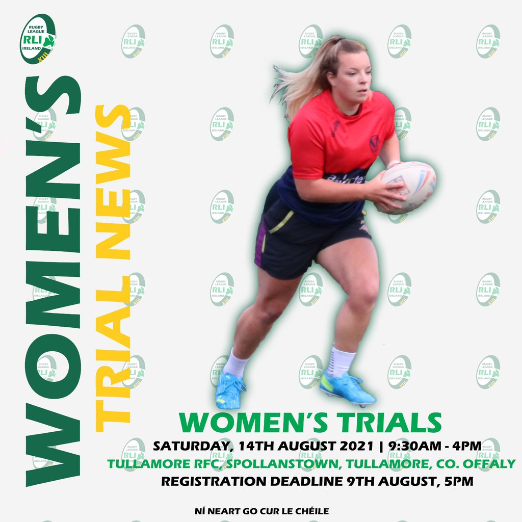 Irelandrl's tweet photo. ☘️ Women’s Trials 🏉

Rugby League Ireland are pleased to announce the upcoming open Women’s trial in Ireland on 14th August 2021. 

The session will be held at Tullamore RFC, Spollanstown, Tullamore, Co. Offaly with session times 9:30am - 4pm. https://t.co/av0nWfLhDV