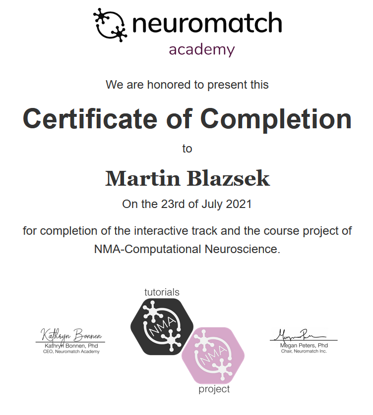 blazmaya's tweet photo. Just realized we also got a certificate, so why not brag about all this one more time? 😁 Thanks again @neuromatch for the terrific course! 10/10 would do it again #nma #neuroscience https://t.co/34EC3dOOAH