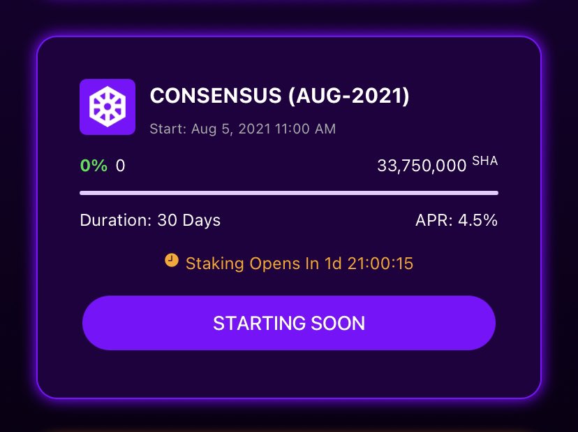 SafeHavenio's tweet image. #ConsensusNode holders are eligible to #stake up to 750k $SHA, for a minimum #APR of 4.5%, which can be increased to 6.5% APR if #FixedStaking milestones are obtained.

All pools open on Aug 1st, at 4pm UTC, and close on Aug 5th.