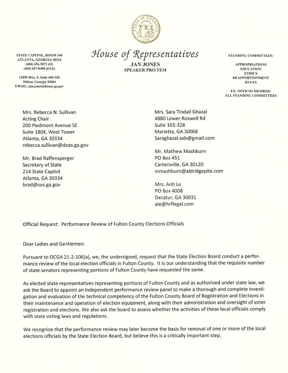JanJonesGA's tweet photo. Today, I led 5 House members in formally requesting a performance review of Fulton County elections officials. The State Elections Board must conduct an in-depth investigative review of Fulton election processes, as spelled out in SB 202. #gapol https://t.co/WgtkpwCnk3