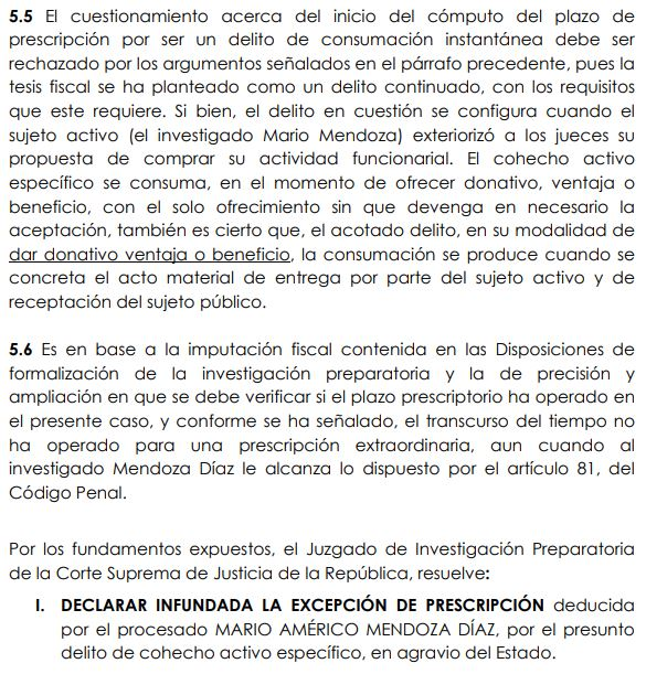 Poder_Judicial_'s tweet photo. #LoÚltimo Juzgado Supremo de Investigación Preparatoria declara infundado el recurso de excepción de prescripción por el delito de cohecho activo específico presentado por el empresario Mario Mendoza Díaz. #CasoCuellosBlancos. Resolución: https://t.co/MCQoZ6qxim https://t.co/z8pjop4zjW