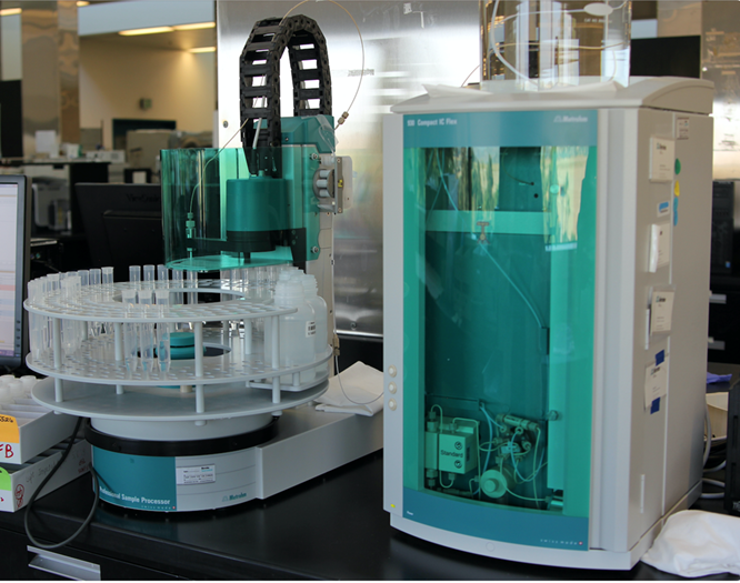 SouthCoastAQMD's tweet photo. #AQTech: Both the autosampler (left) and ion chromatograph (right) in our lab are used to determine the concentrations of sodium, ammonium, potassium, magnesium and calcium in filter samples of particulate matter (PM2.5). https://t.co/xTLkYTPUvt