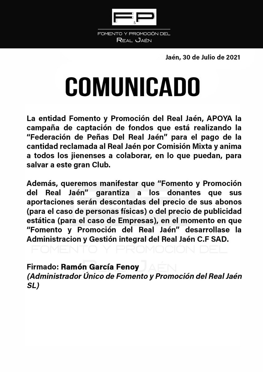 🟣 COMUNICADO FOMENTO Y PROMOCIÓN DEL REAL JAÉN

➡️ Apoyo a la campaña de captación de fondos por parte de (<a href="/FederacionJaen/">Federación de Peñas Real Jaén</a>) para el pago de la cantidad reclamada por Comisión Mixta.
