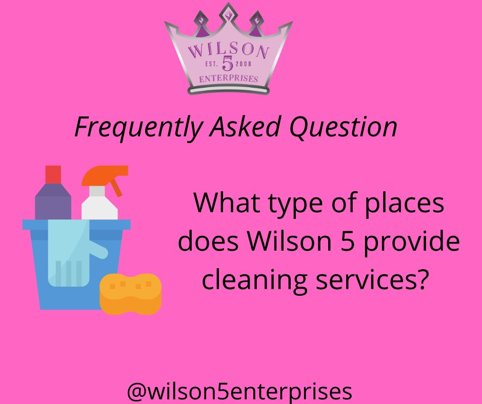 Frequently asked Question: What type of places does Wilson 5 provided cleaning services for?

Answer: Wilson 5 provided deep and detailed cleaning services to residential and commercial properties. Wilson 5 has experiences with hotels, restaurants, and retail stores.
