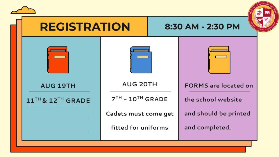 MLABulldogs's tweet photo. MARK YOUR CALENDARS! Registration appraoches 8/19-8/20.  Be sure to print &amp; complete the forms before you arrive.  Classes start AUGUST 30th https://t.co/3Prl4hwHQ3