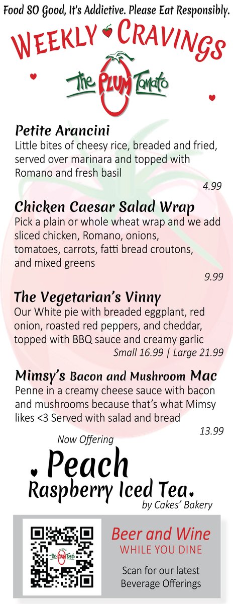 New line up at TPT starting at 5! Come on down and check it out >>>
🍅 New Cravings 
🍅 New Brews and a delicious new iced tea from Cakes' Bakery
🍅 Our smiling faces!
See you soon :)
.
.
.
#theplumtomato #itsaddictive #foodislove #getinmybelly #colchesterct #salemCT