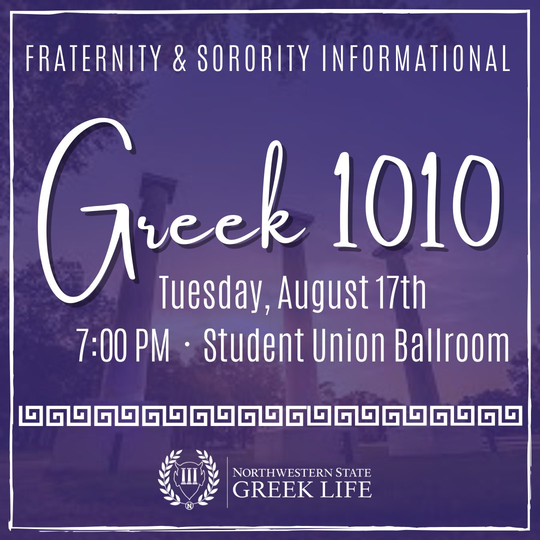 Join us on Tuesday, August 17 in the Student Union Ballroom to learn more about what it means to be a Greek man or woman!