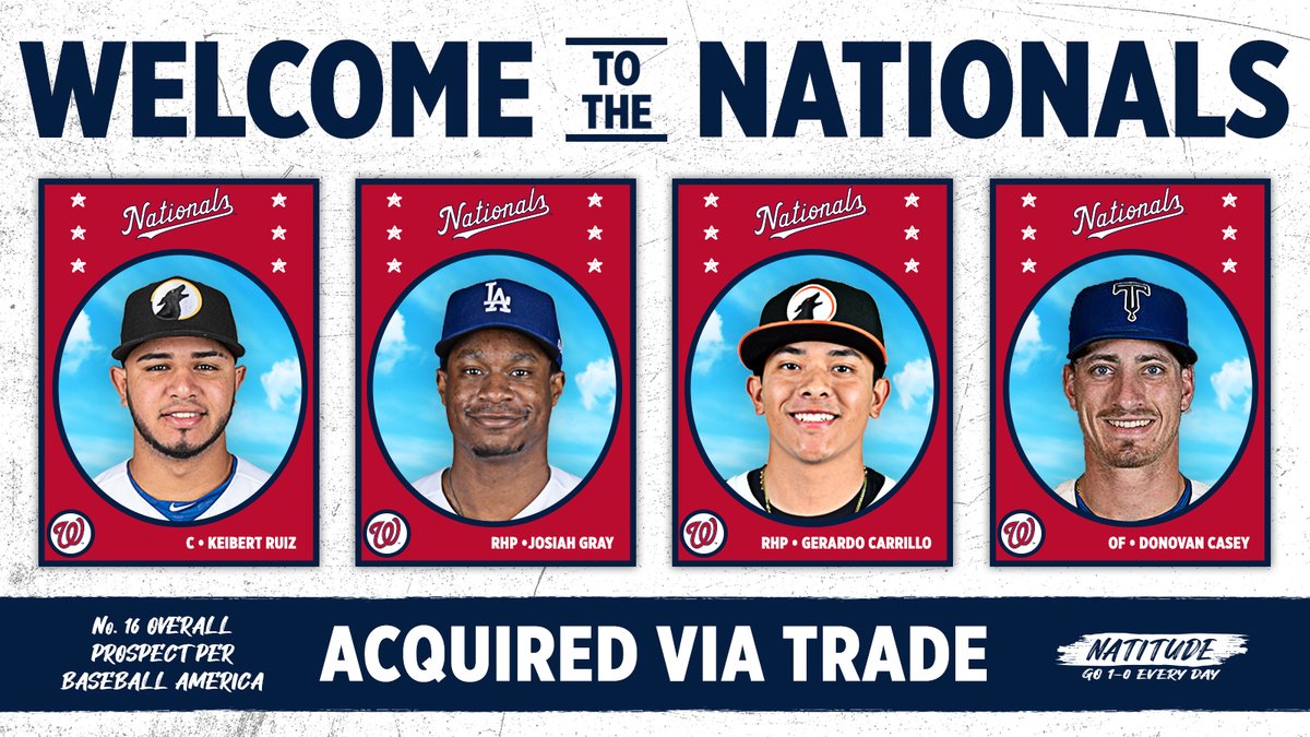 Nationals's tweet photo. The Washington Nationals have acquired...

• C - Keibert Ruiz
• RHP - Josiah Gray
• RHP - Gerardo Carrillo
• OF - Donovan Casey

...from the Los Angeles Dodgers in exchange for RHP Max Scherzer and SS Trea Turner.

🔗 // https://t.co/tamHmiiYSm https://t.co/1M21IYe6ou