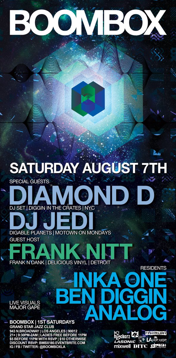 [SAT.8/7] WE RETURN with DITC legend <a href="/DIAMONDDITC/">Diamond D</a> + our brother <a href="/DJJEDI/">DJ Jedi</a> + guest host <a href="/FRANKNITT/">Frank Nitt</a>!! gonna be a wild one without a doubt. RSVP for discount. see our previous post for the new Grand Star COVID-19 entry policy. do not sleep, Los Angeles!
RSVP: bmbx180.eventbrite.com
