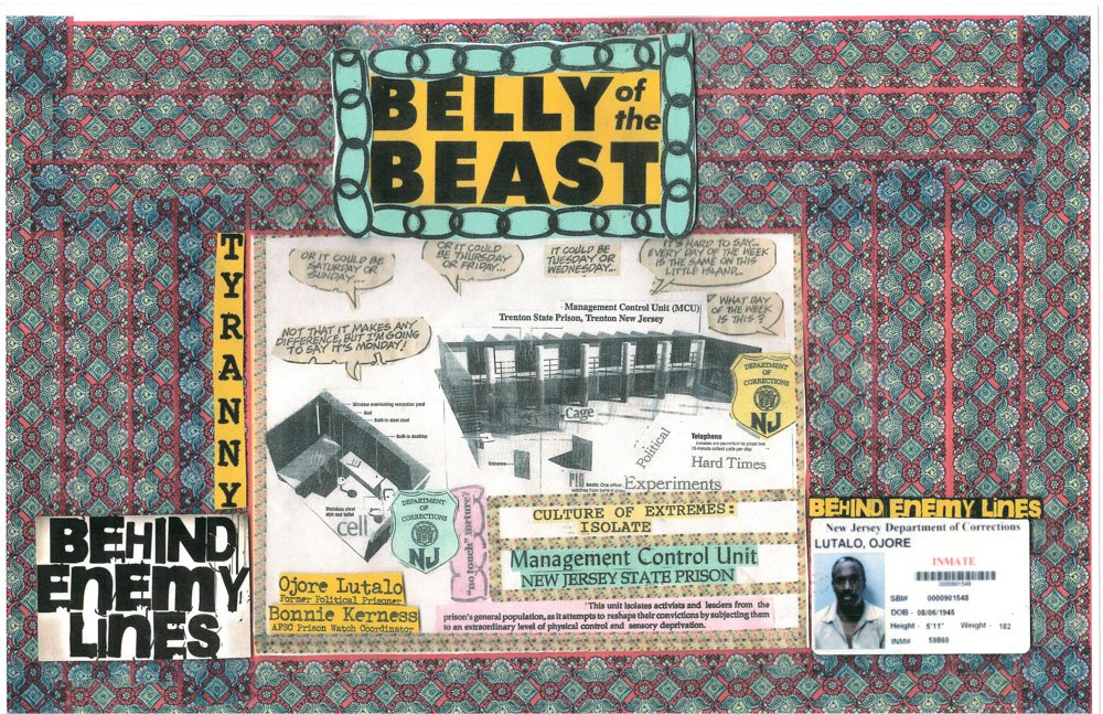A collage by Oroje Lutalo. A patterned blue and pink background, with text reading BEHIND ENEMY LINES, TYRANNY, BELLY OF THE BEST, and a copy of Oroje Lutalo’s New Jersey Department of Corrections ID card.