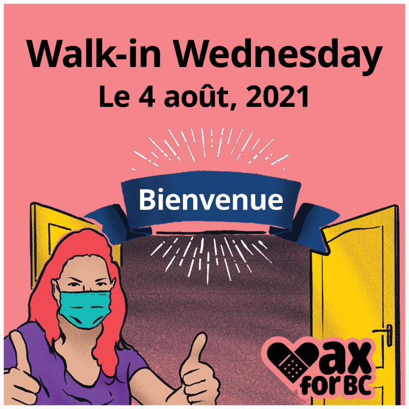 BCGovNews's tweet photo. Get vaccinated on Walk-in Wednesday — no appointment necessary! Just remember to bring your ID! If you have not received a vaccine – or you are eligible to receive your second dose – head to your nearest drop-in centre: https://t.co/vp7cpfUzcj 

#VaxForBC
