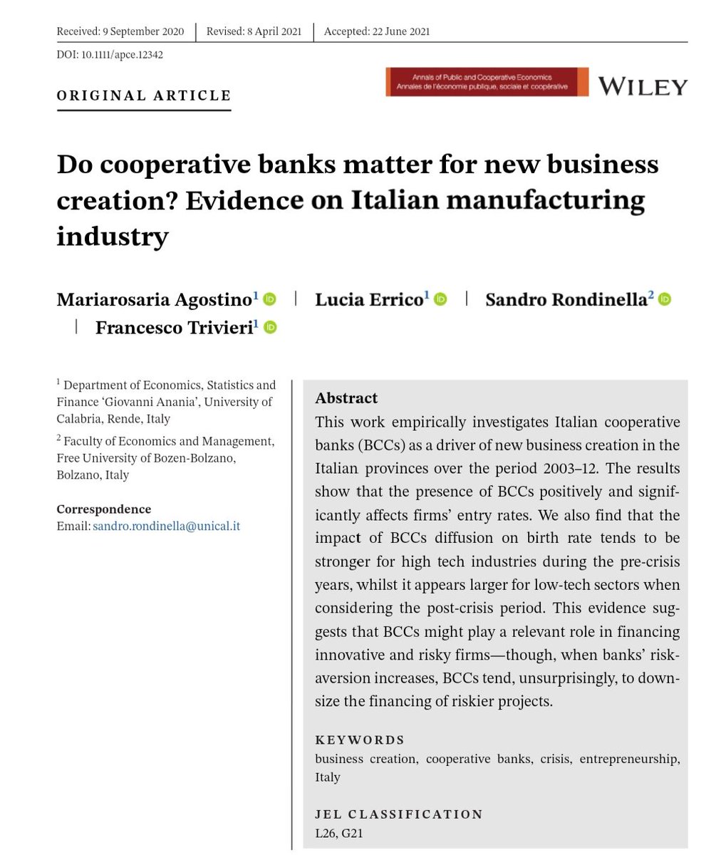 Happy to announce that my paper (with Agostino, <a href="/LucErri/">Lucia Errico</a> and Trivieri) "Do cooperative banks matter for new business creation? Evidence on Italian manufacturing industry" is just out in the Annals of Public and Cooperative Economics journal doi.org/10.1111/apce.1…
