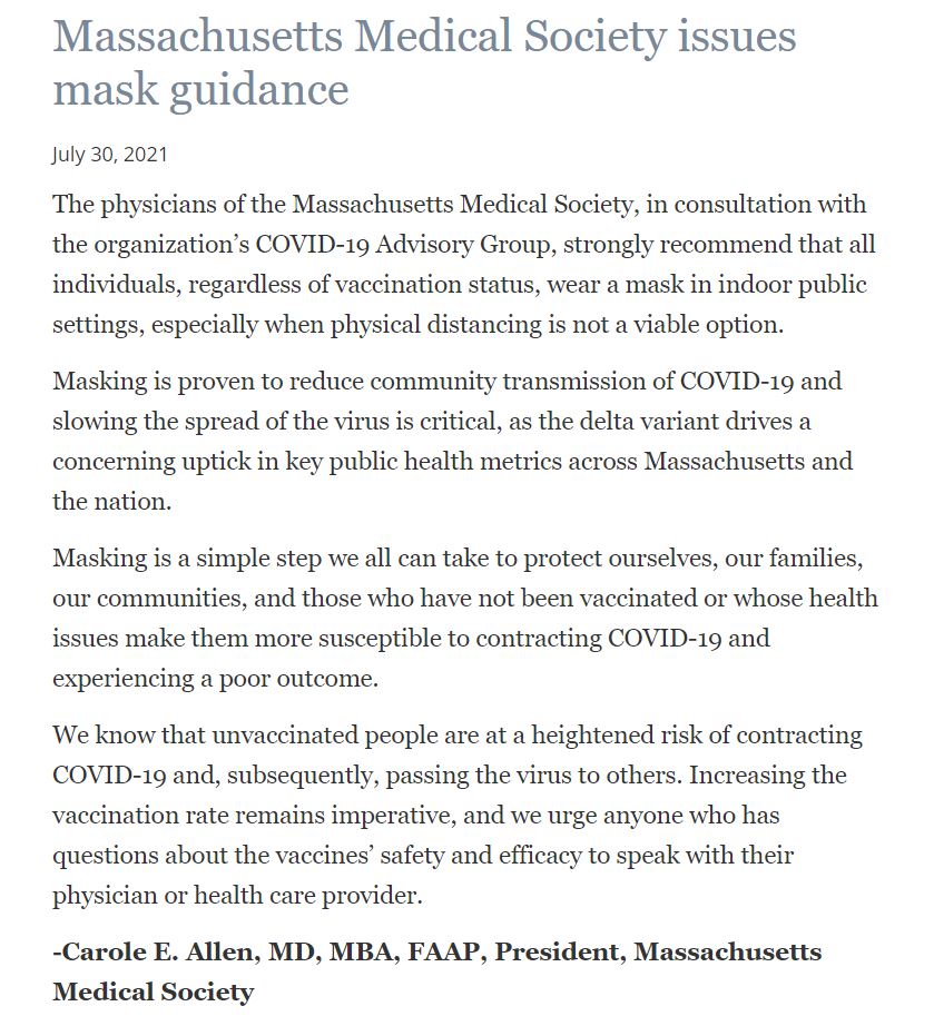 MassMedical's tweet photo. "The physicians of the MMS, in consultation with the organization’s COVID-19 Advisory Group, strongly recommend that all individuals, regardless of vaccination status, wear a mask in indoor public settings." -@MMS_President @drcarolea 

Full statement: https://t.co/XVbhXa7eu9 https://t.co/I8imKoZrDB