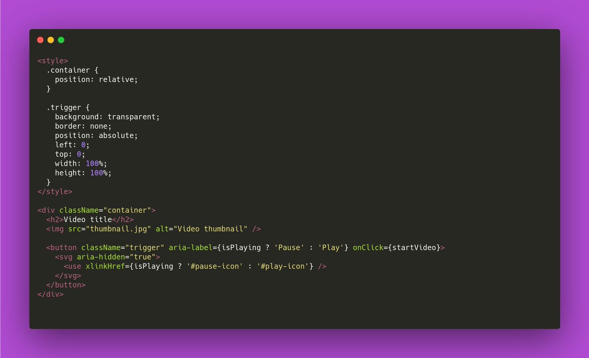 William IEHL on Twitter: "👌 Accessibility TIP 👌 Here is a better approach if you've been using a `div` with a `role=button` for, say, a custom container for embedded videos. #a11y, #developers William IEHL on Twitter: "👌 Accessibility TIP 👌 Here is a better approach if you've been using a `div` with a `role=button` for, say, a custom container for embedded videos. #a11y, #developers