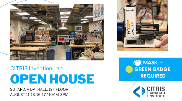 citrisnews's tweet image. The CITRIS Invention Lab @InventCITRIS is reopening! Join us August 11-13 & 16-17 / 10a-3p on Floor 1 of Sutardja Dai Hall on the north side of the @ucberkeley campus. #makerspace #prototyping #3Dprinting #learn #build #wearables
👉 Learn about the lab: bit.ly/2yJ0iX2