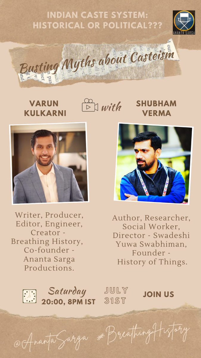 BreathinHistory's tweet photo. Everything you need to know about the history and politics of the caste system in India. Watch this interesting live discussion with @THESHUBHAMV (#HistoryOfThings) & @Kulkarnivarun4 (#BreathingHistory) TODAY - 31st July at 8:00 PM IST on our Youtube channel.
Stay tuned! https://t.co/pq29OS2W83