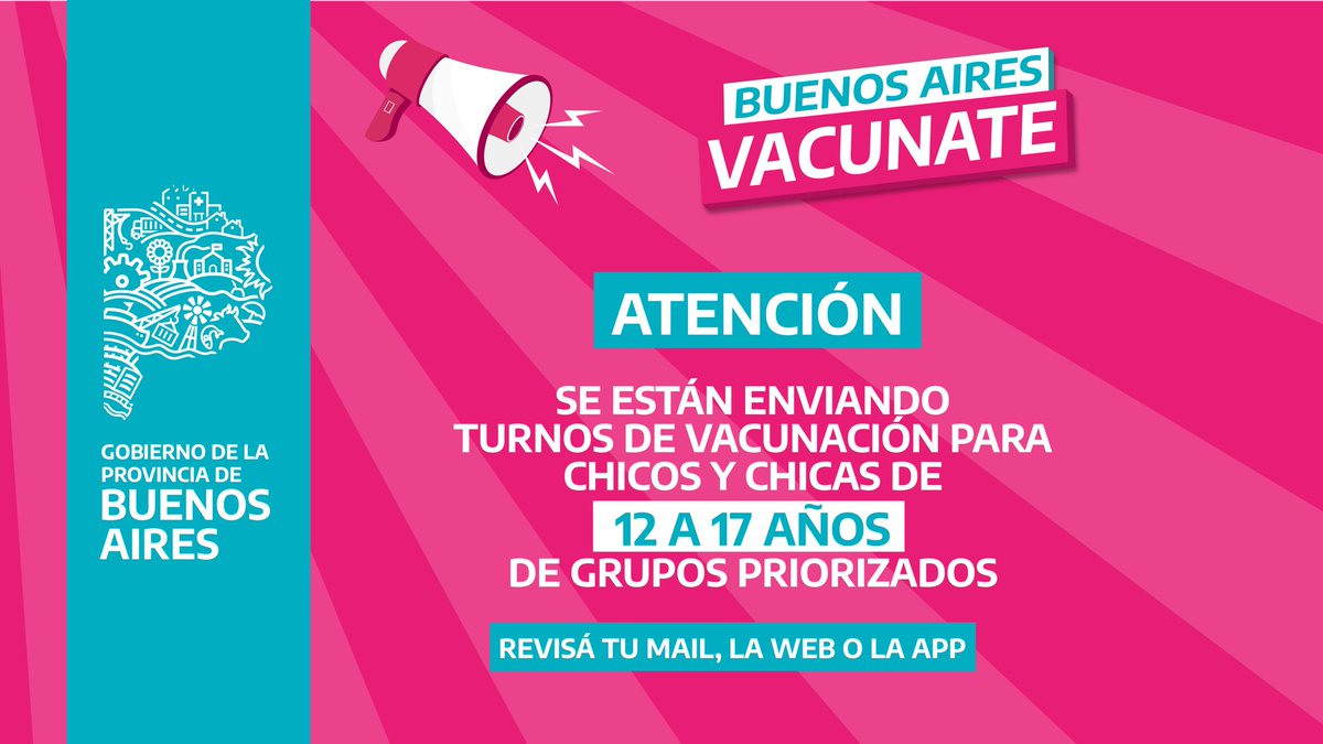 BAProvincia's tweet photo. 👧🏽👦🏻| SE ESTÁN ENVIANDO LOS PRIMEROS TURNOS PARA CHICOS Y CHICAS DE 12 A 17 AÑOS
 
Revisá la app 📲 vacunatePBA, la web 💻 https://t.co/4Z5CS0cZvv o el  mail 📧 
 
¡#BuenosAiresVacunate avanza a todo ritmo! https://t.co/pGMhyti6nV