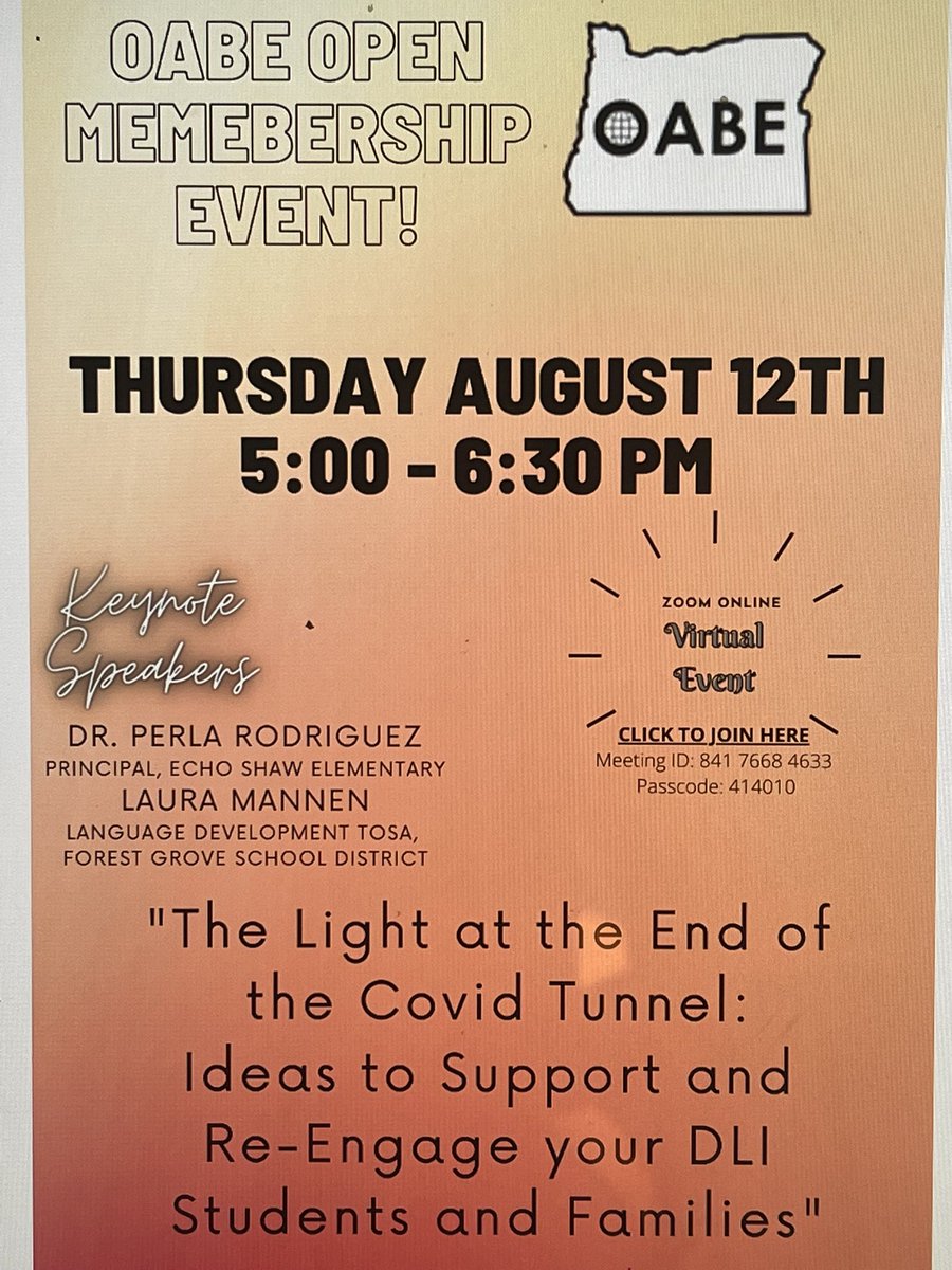 Amigos de OABE, don’t miss this great event. We can’t wait to see you and reconnect! August 12th us02web.zoom.us/j/84176684633?…