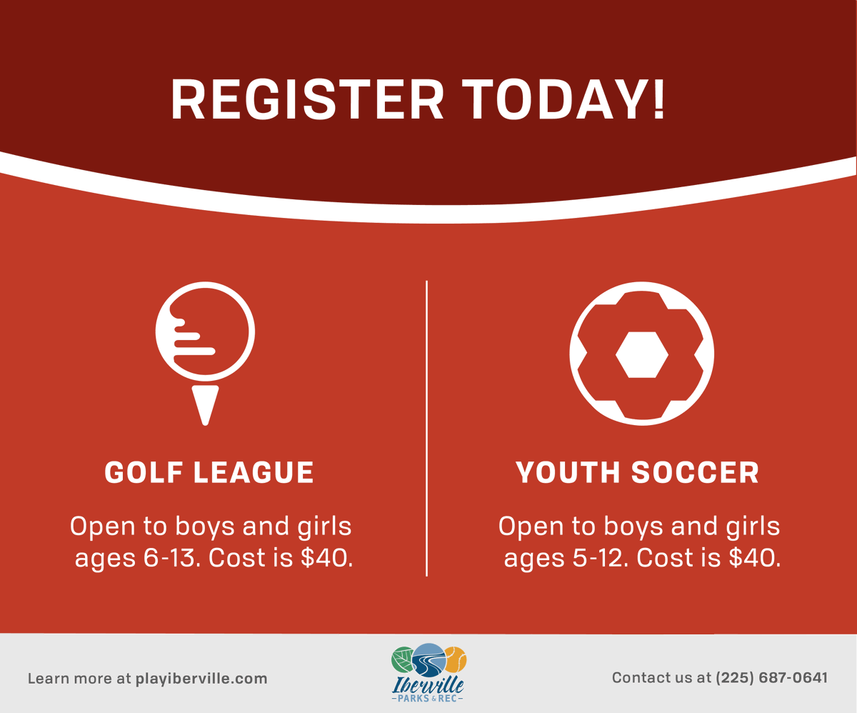 PlayIberville's tweet photo. Registration is officially open for our fall Golf League and Youth Soccer programs. Visit https://t.co/YatnQ2WLoq to learn more and download a registration form. https://t.co/FWElI3ktDN