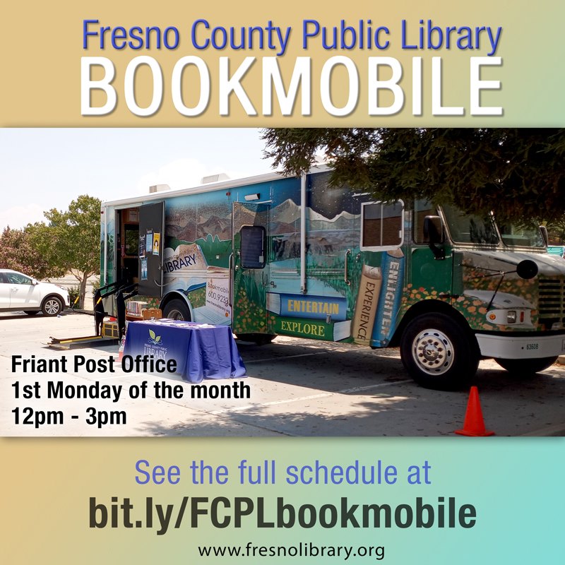 FCPL's tweet image. The @FCPL  Bookmobile travels to locations in Fresno County without a nearby library branch. You can browse the shelves, return items, request &amp;amp; pick up items, get take and make crafts &amp;amp; more!

View the full schedule of stops at bit.ly/FCPLbookmobile

#fresnolibrary #bookmobile