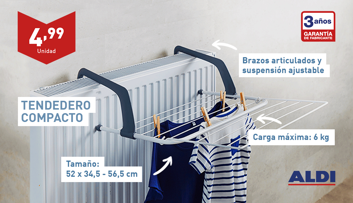 ALDI España en Twitter: "Este tiende y seca ropa fácil y cómodamente con nuestro tendedero compacto. Puedes colgarlo donde en el balcón o en tu radiador.🗓️ Disponible en