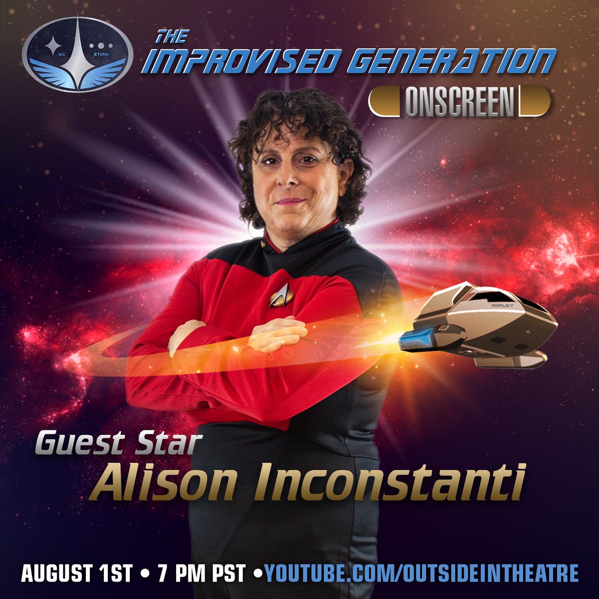 TIG_NightShift's tweet photo. Night Shift's very own Alison Inconstanti is heading over the the Alpha shift and Guest Starring on @ImprovisedGen Onscreen on @outsideinthtr! Check it out Sunday 7pm pst at https://t.co/56gLsZ4B7x https://t.co/3P9ZxCKDoP