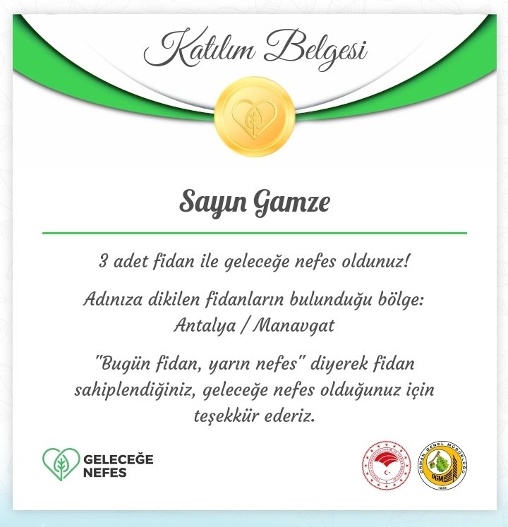 Yeşili çok seven Çağatay Ulusoy,kendim  ve sevdiklerim için fidan sahiplendim, siz de hem bize hem de geleceğe nefes olmak için geleceğe nefes sitesinden fidan bağışlayın  bir dakikanızı bile almayacak bir şeyle yanan ağaçların yerine yenisini edelim 🙏💚